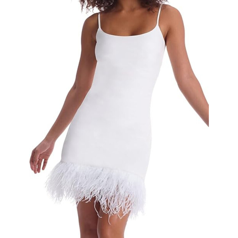 Commando Dress Women M White Faux Leather Feathers Spaghetti Strap A-Line RED686